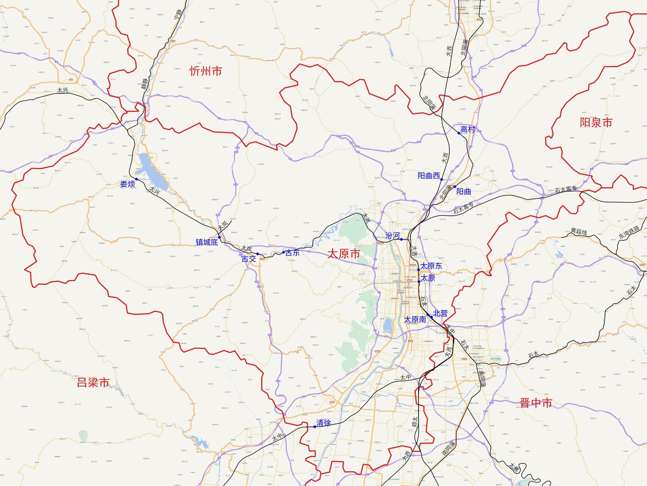 山西省太原市铁路及客运站分布图
根据铁路12306数据，山西省太原市目前有以下1