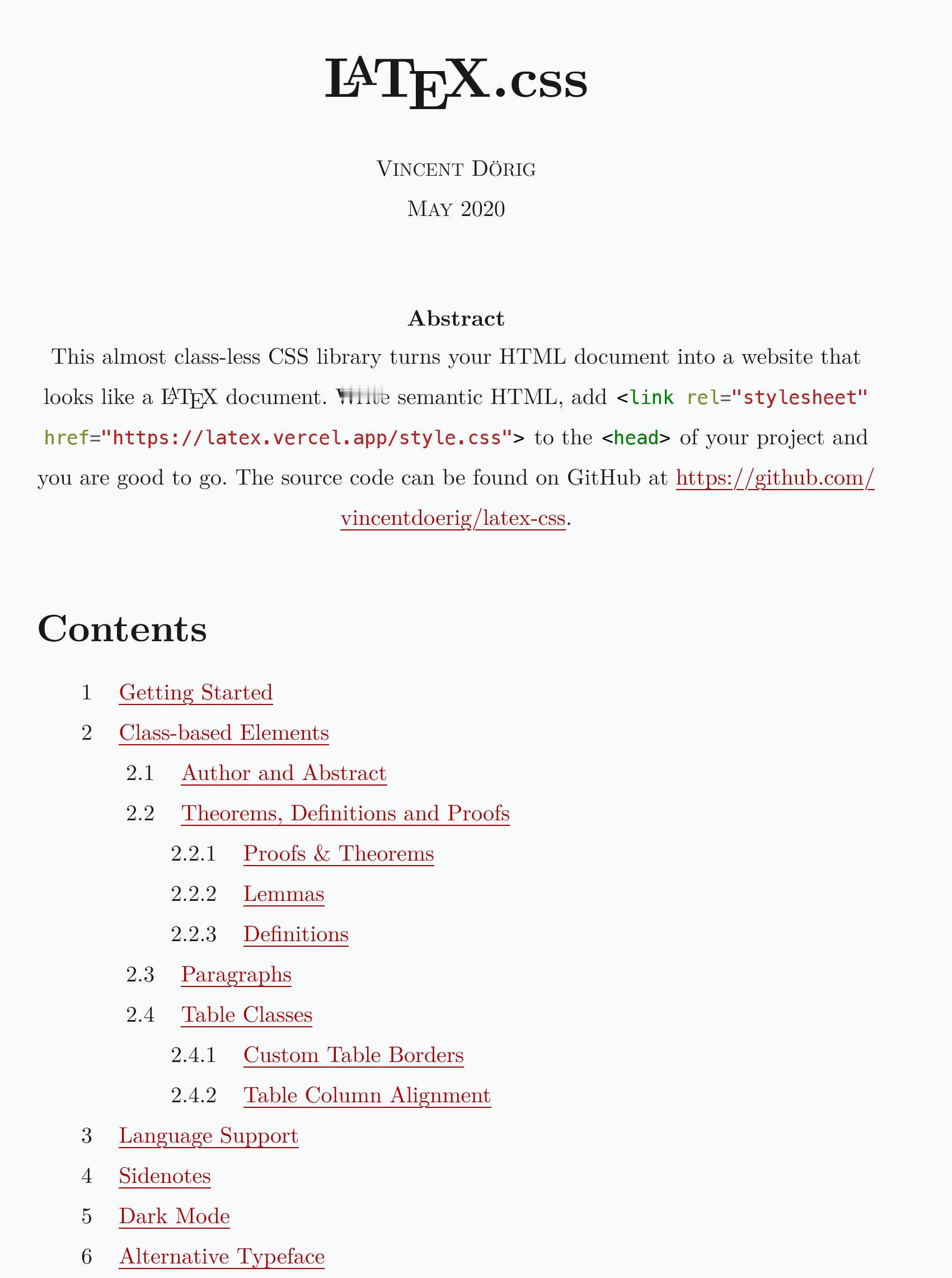 latex-css，一个css库，作用就是让网站看上去像是一个LaTeX文档gi