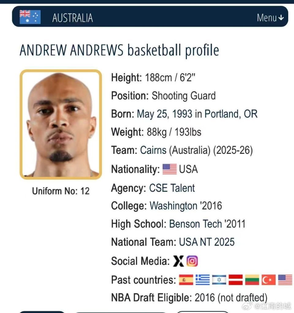 消息源:  据我向相关渠道了解，目前有CBA球队有意报价澳洲联赛球员安德鲁 安德