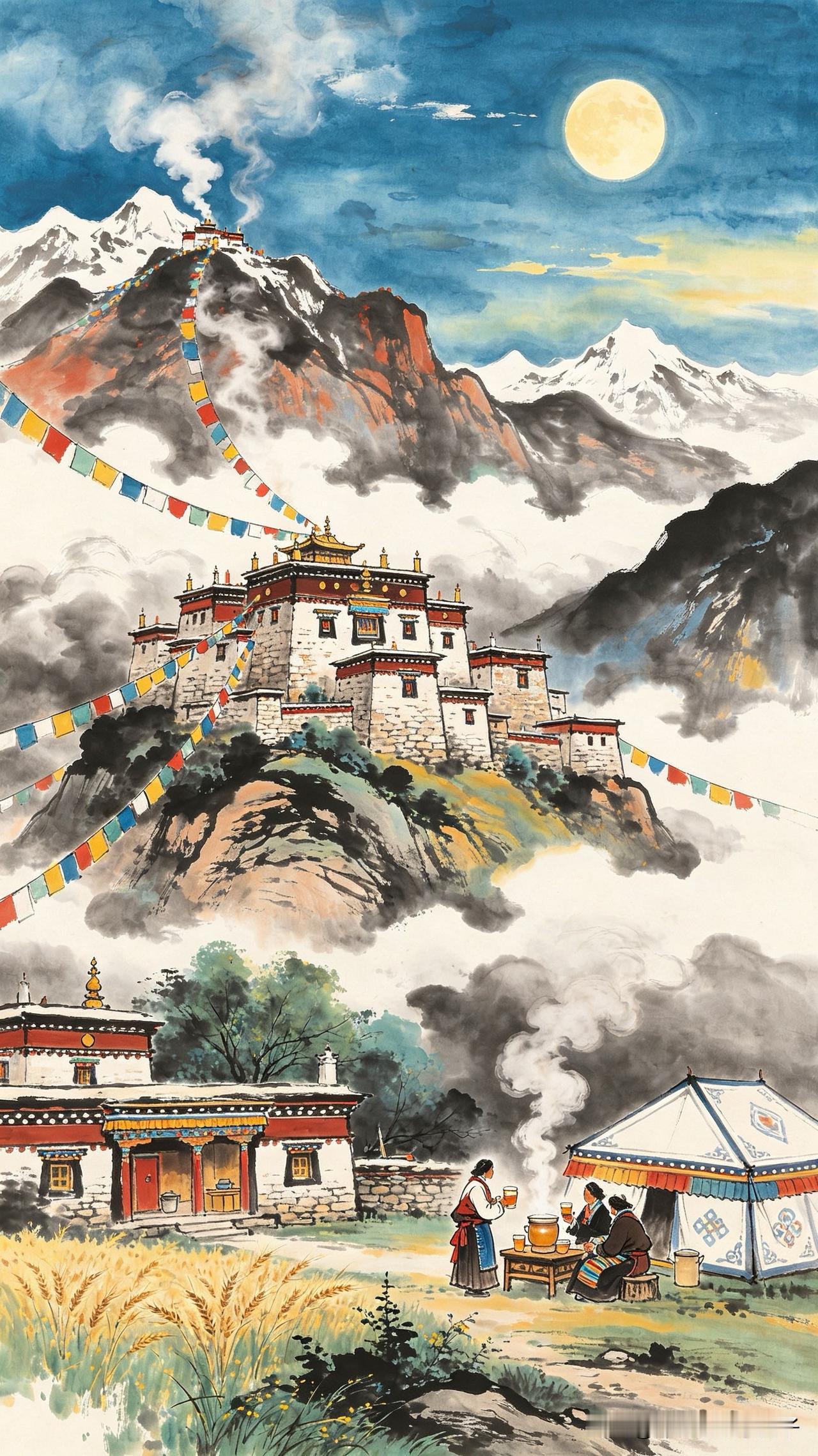 经幡漫卷白云边，
石寨炊烟接碧天。
笑捧青稞迎远客，
     
…………请师友