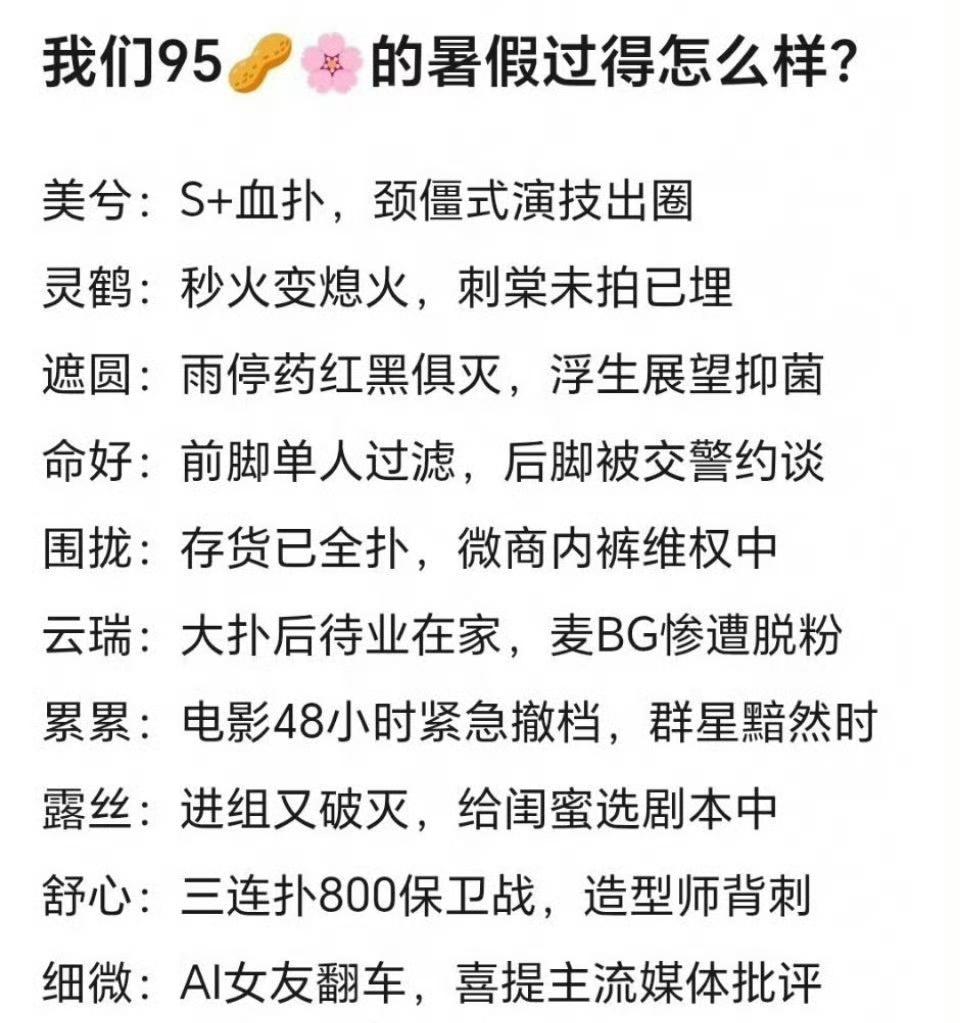 这十位明星堪称今年暑期档最惨啊！

今天捡到一张95生花暑期档剧播后的现状图，虽