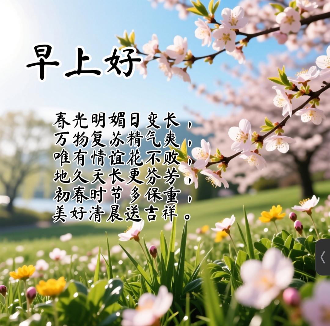 春光明媚日变长，万物复苏精气爽，唯有情谊花不败，地久天长更芬芳，初春时节多保重，
