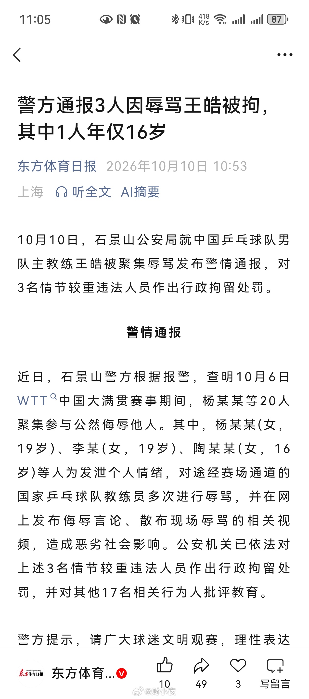 警方通报王皓被围堵辱骂处理结果打击饭圈开始了。3个人，两个19岁，一个才16岁。