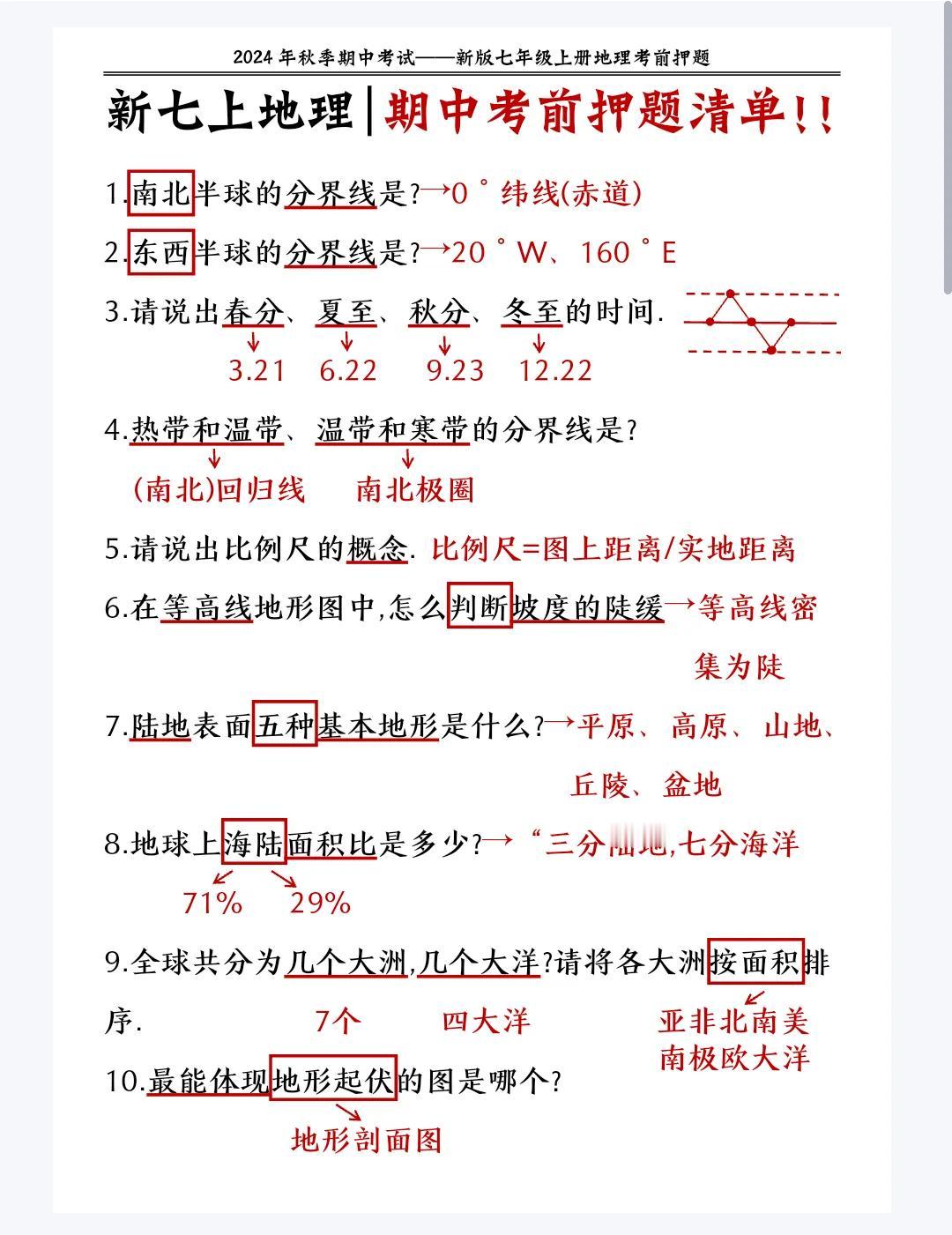 2024 年秋季期中考试——新版七年级上册地理考前押题