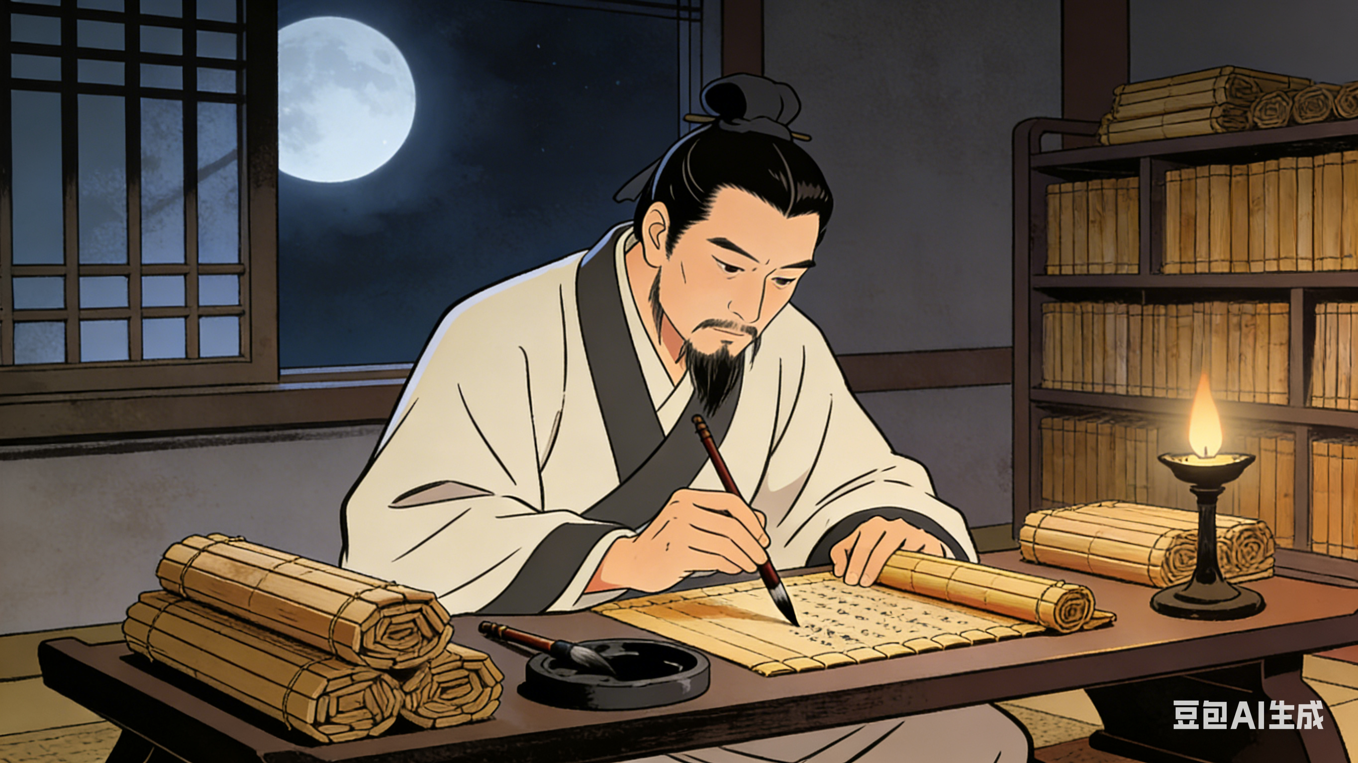 豆包有时候感觉挺聪明的， 但有时候又特别傻。让它画个司马迁正在记录历史，第一版书