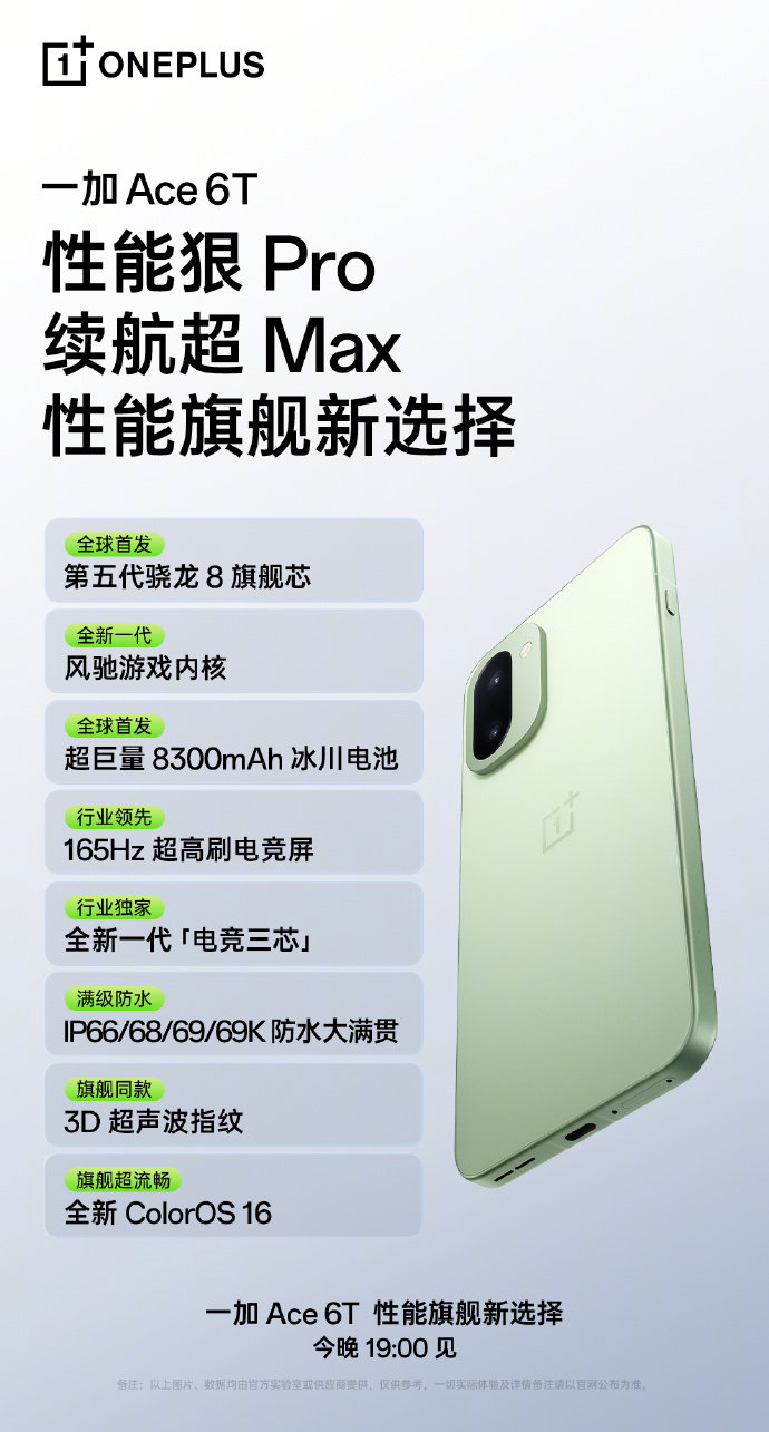 佳人们，今晚发布的一加Ace 6T配置了解一下：✅ 全球首发第五代骁龙 8 旗舰