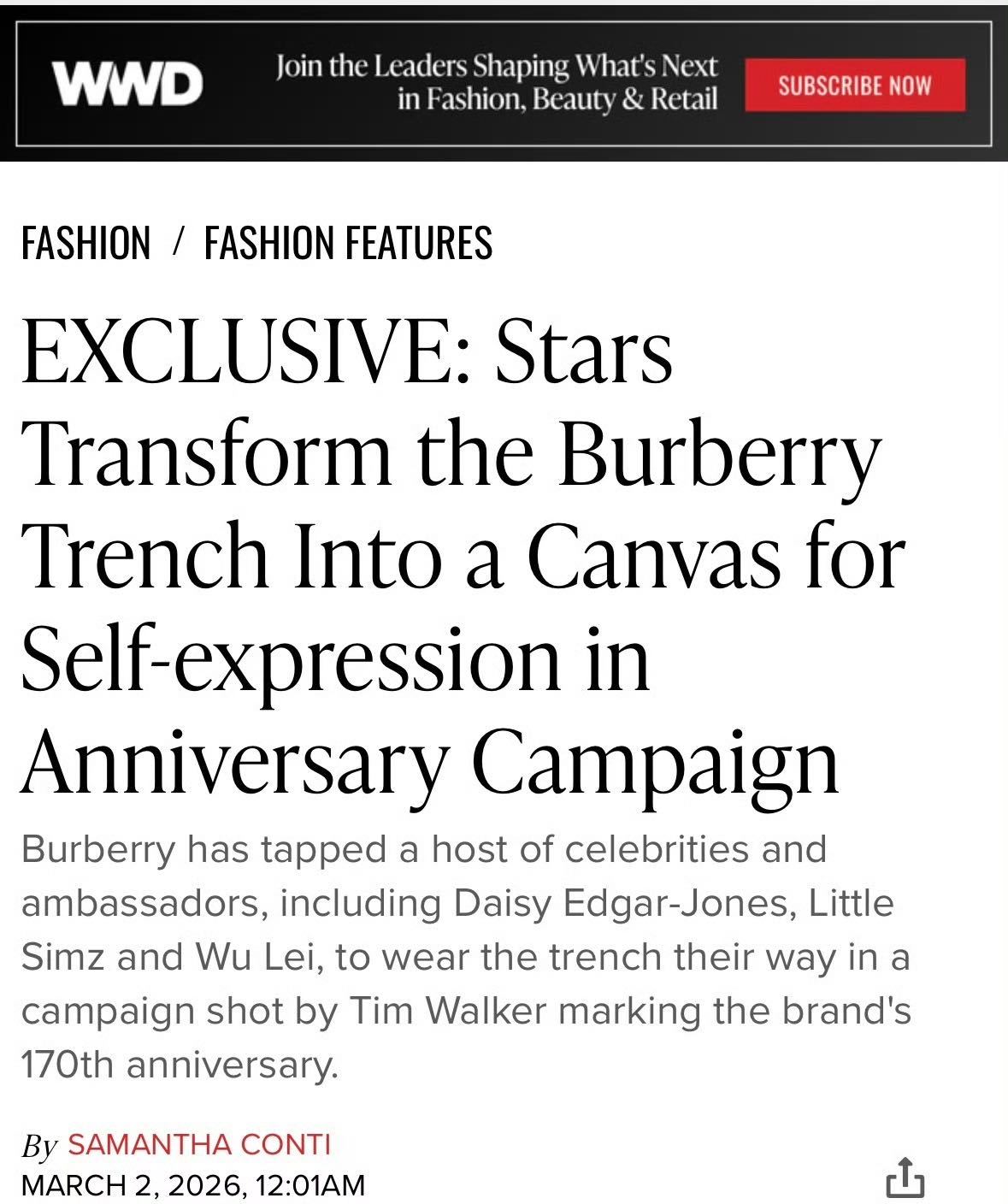 WWD率先独家发布了为庆祝品牌创立170周年意义节点，而推出的一支名为“The 