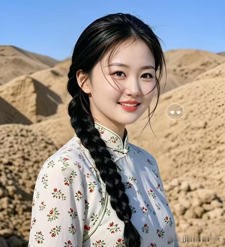 塞上芳姿
 
长辫垂肩映土冈，
碎花衫袖沐风扬。
嫣然一笑尘沙里，
不借胭脂自有