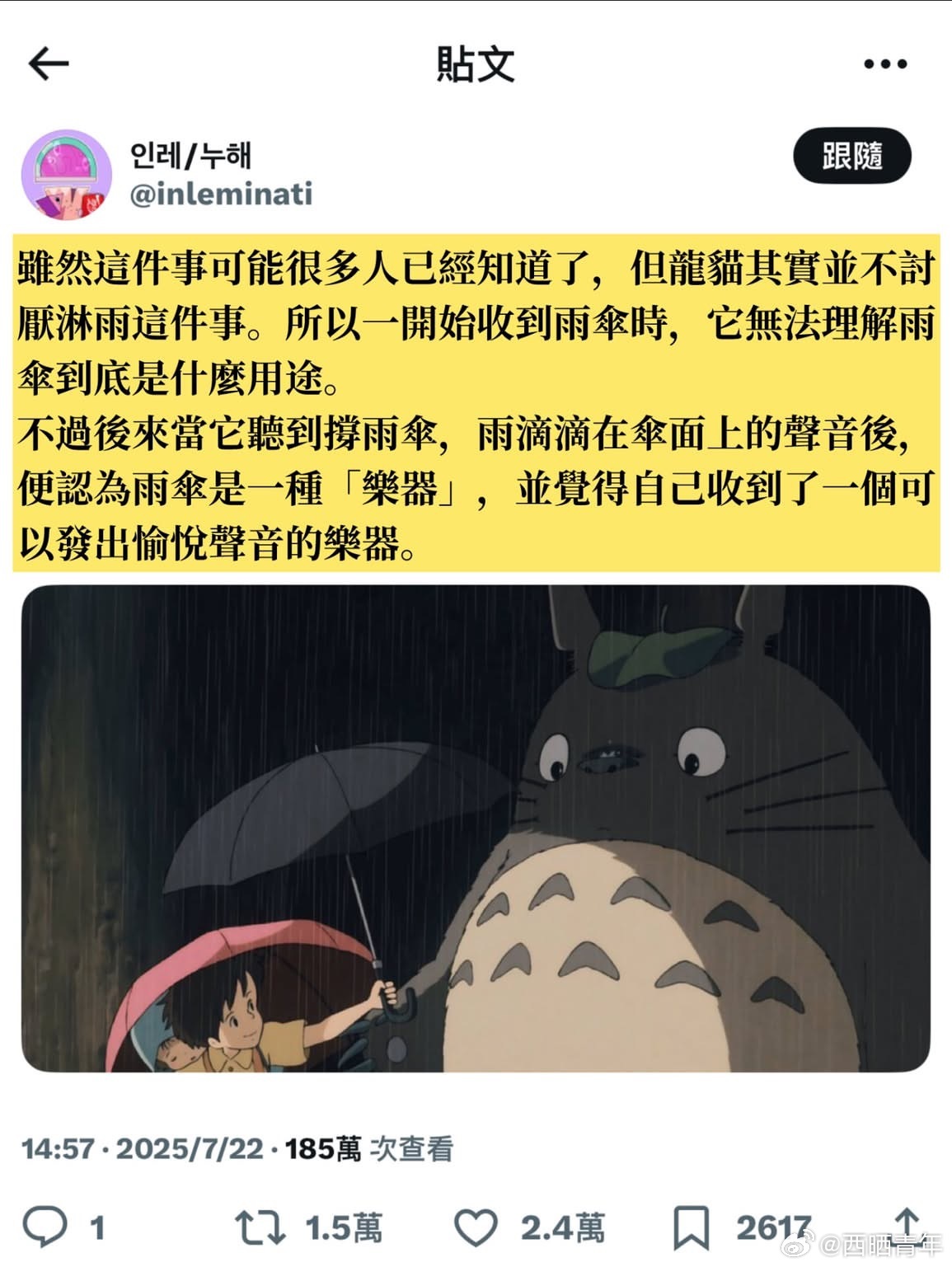 “龙猫其实是把雨伞当成了乐器” 