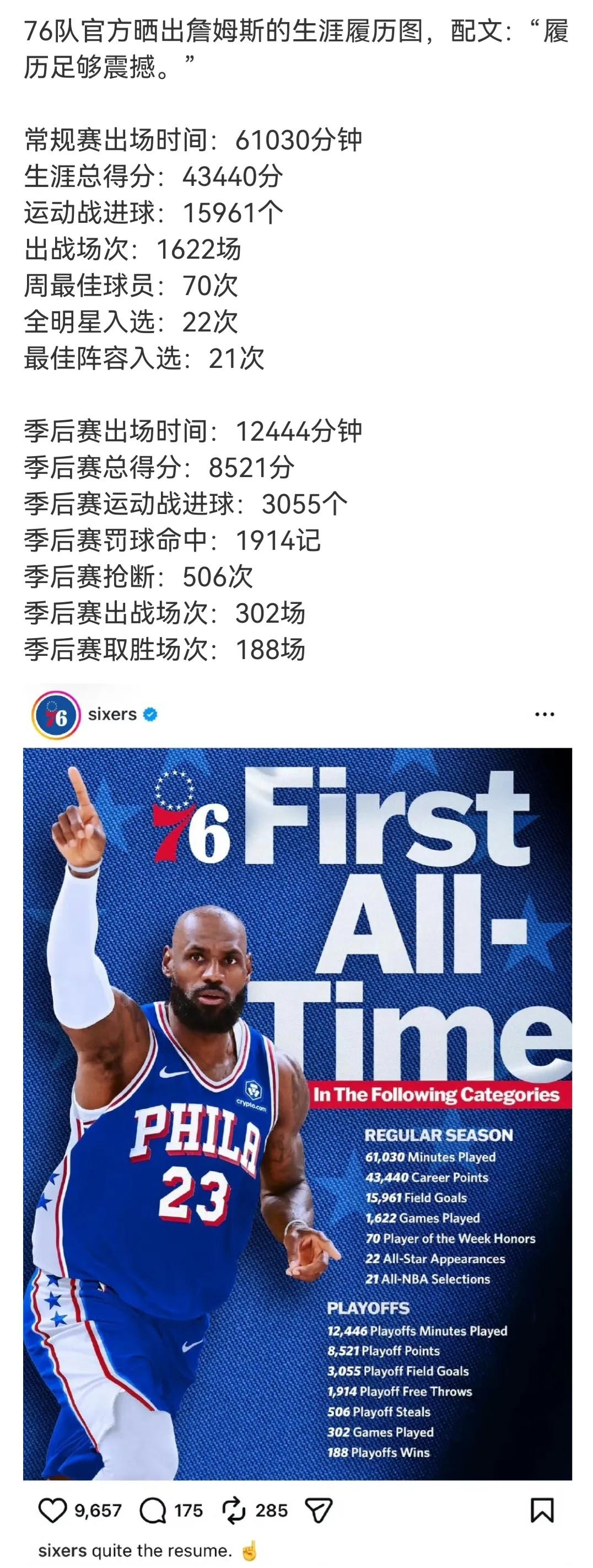 76人官方晒出詹姆斯职业生涯履历，但是这些记录不属于76人。

就像乔丹加盟奇才
