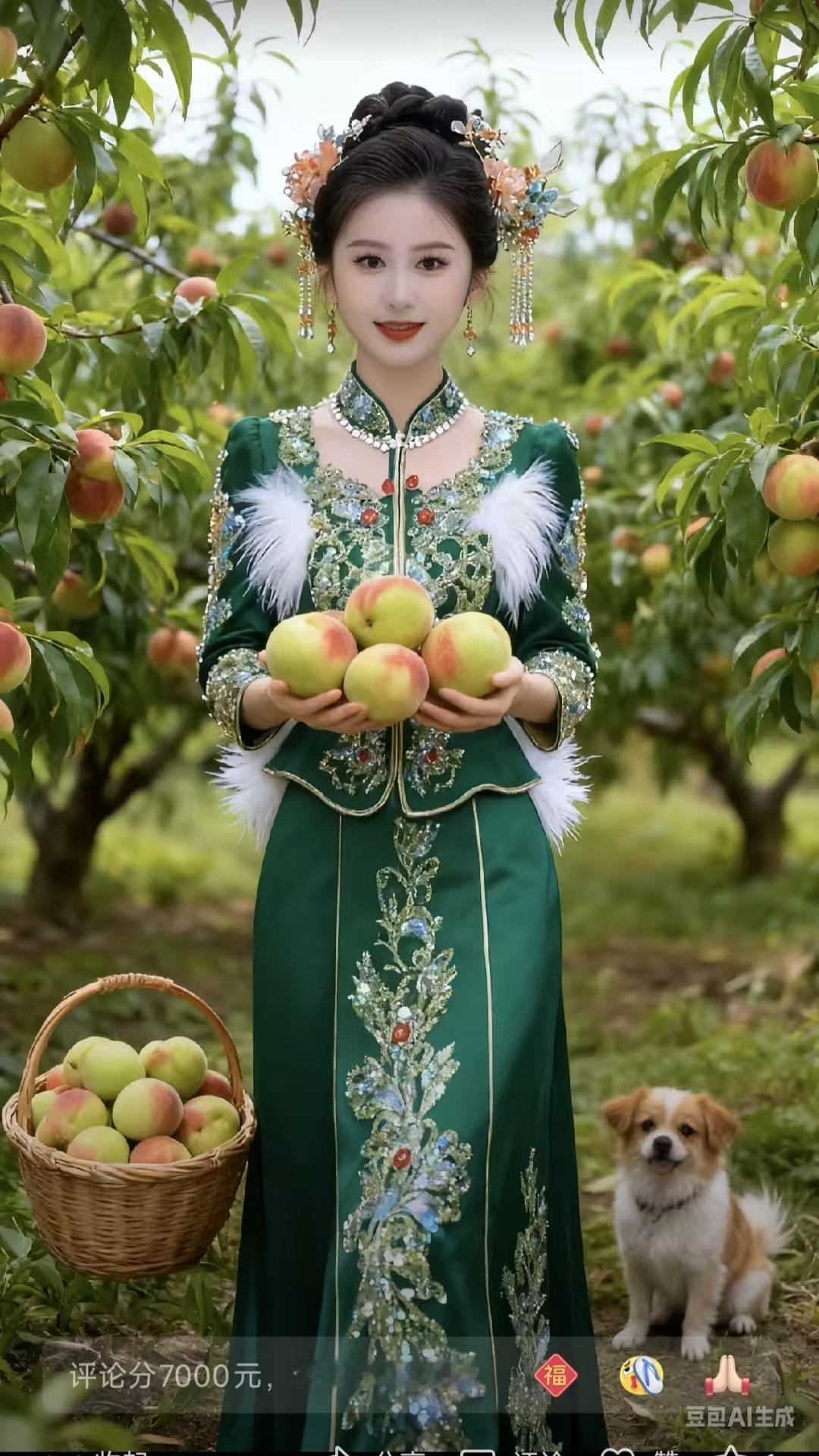 金字经·果园少女
露缀桃枝艳，
风摇叶底光。
少女拈花笑靥扬。
香，满园鲜果黄。