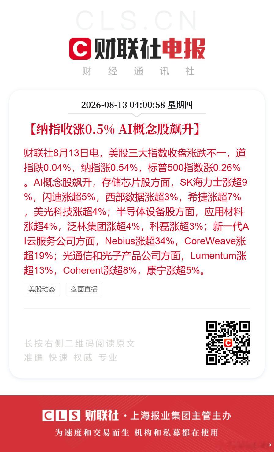 美股AI概念飙升海力士大涨超9%【纳指收涨0.5% AI概念股飙升】财联社8月1