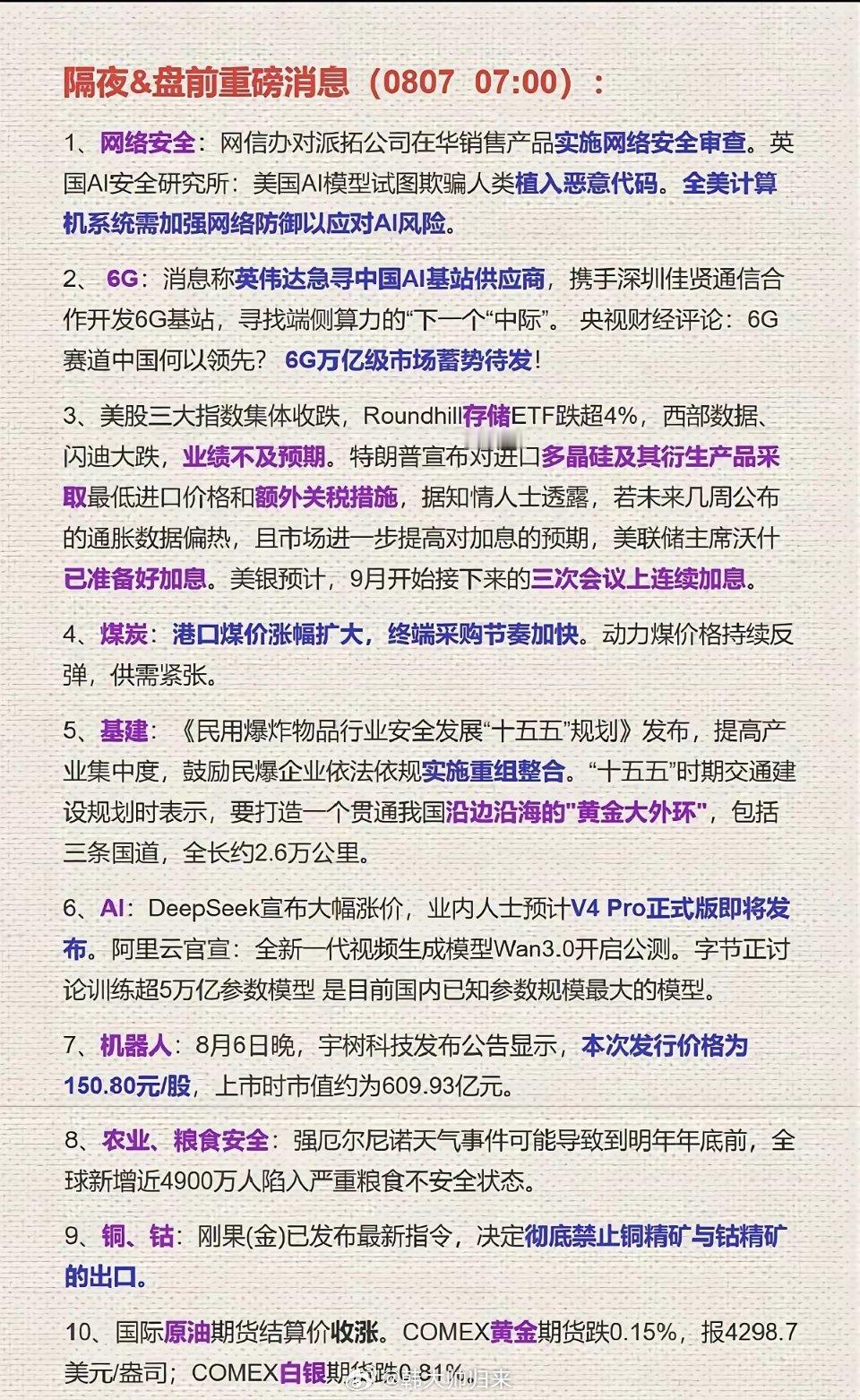 今早盘前消息覆盖多个赛道，海外方面美股收跌、加息预期升温，刚果出台禁令限制铜钴精