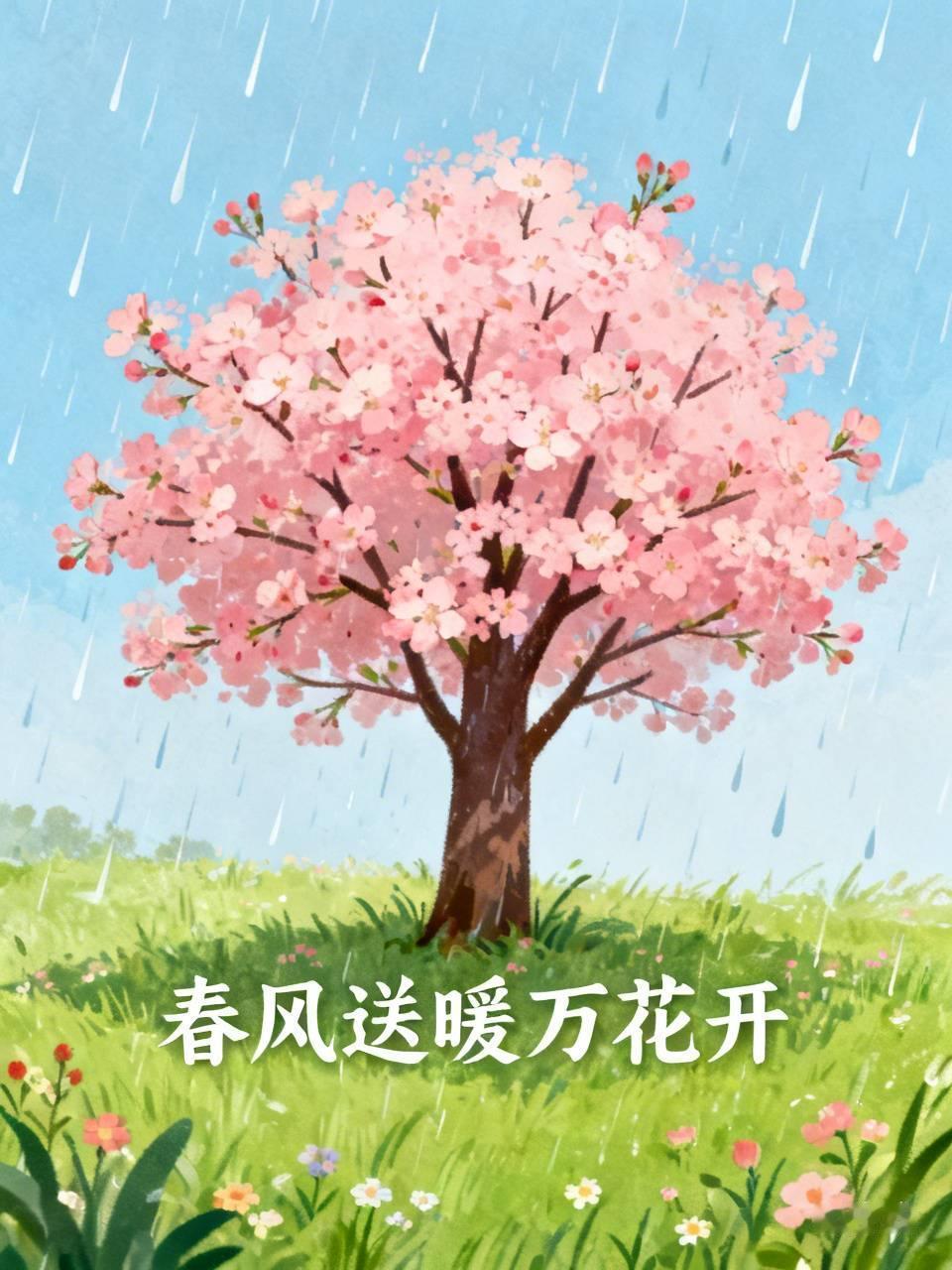下联：春风送暖万花开。