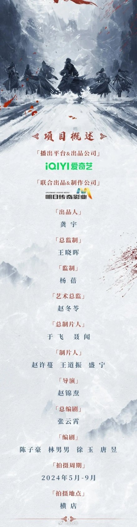 影视剧项目电视剧《定风波》组讯出品：爱奇艺、明日传奇影业主演：王星越、向涵之、张