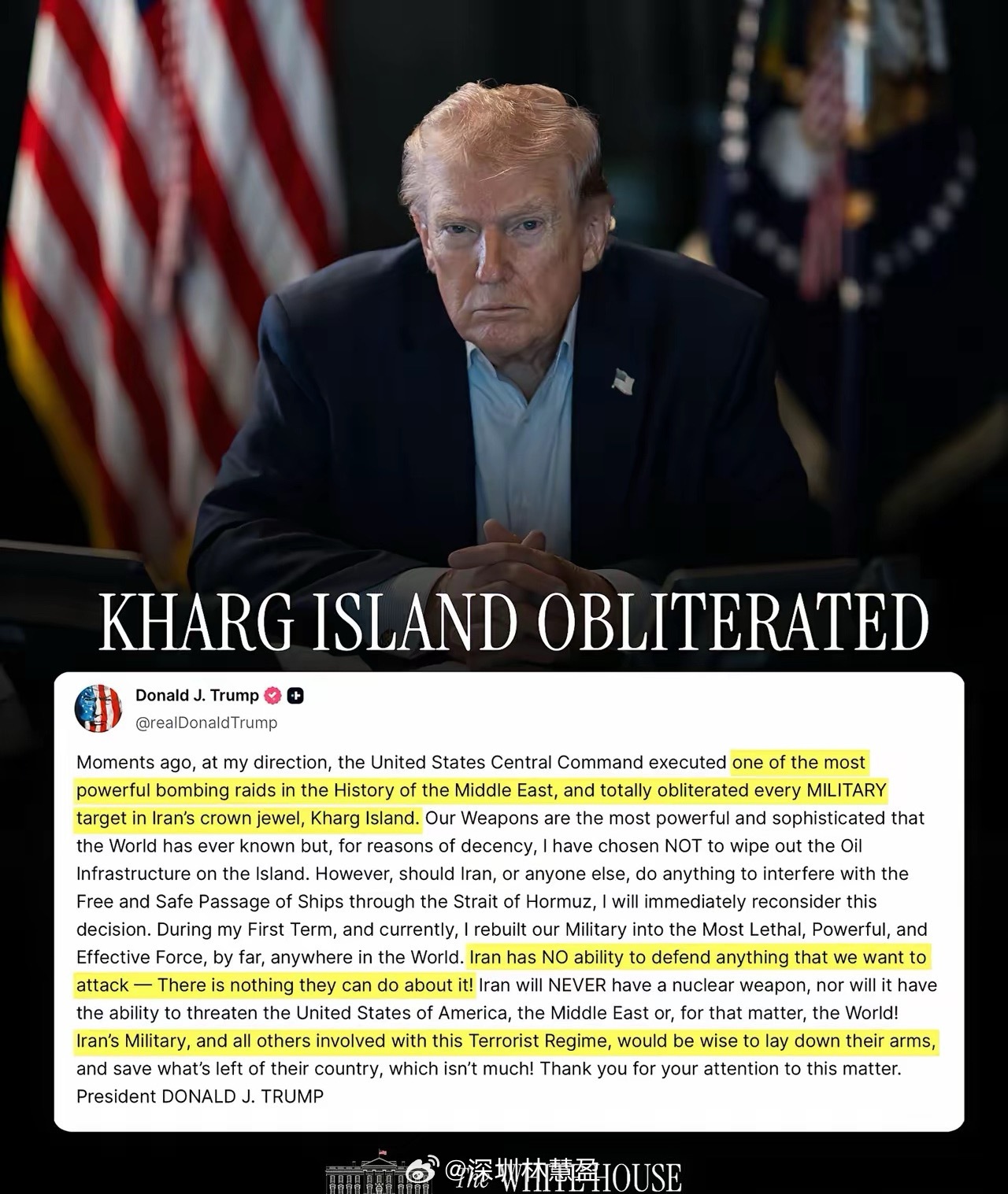 美军已摧毁波斯卡尔格岛上的所有军事目标，老特称这是中东历史上最强大的轰炸之一。他