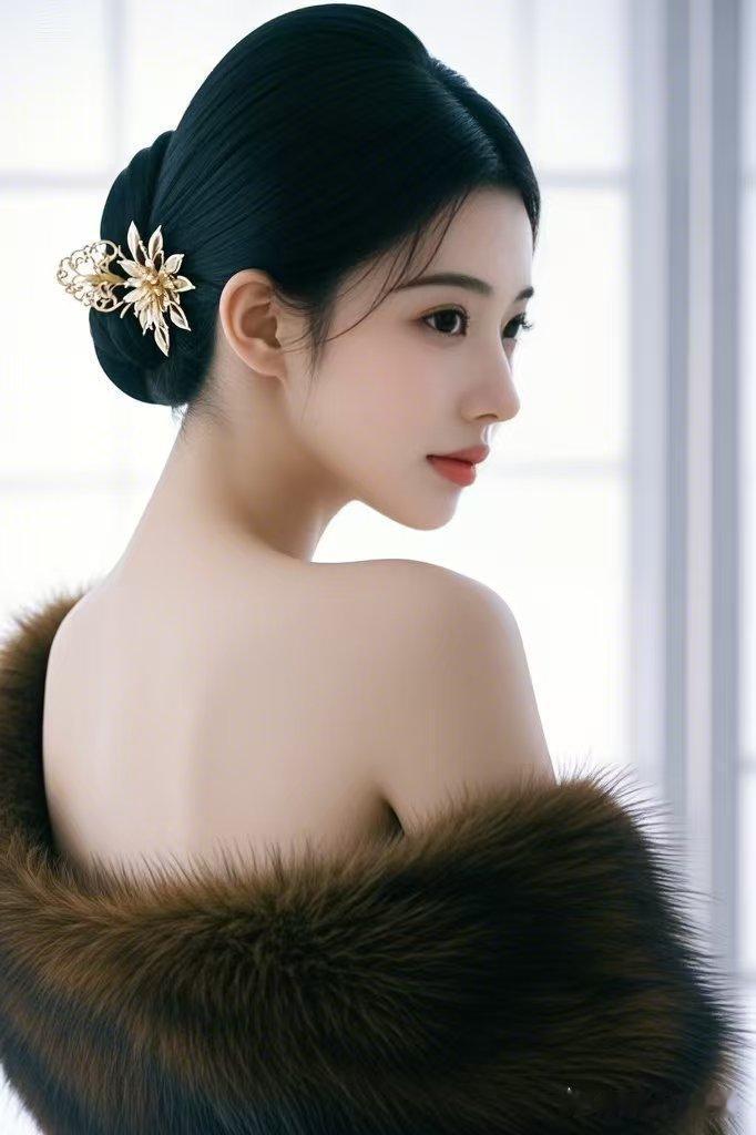 精致金饰点缀发丝熠熠生辉，柔软暖绒轻覆肩头，女子蓦然回眸浅笑，眉眼温婉缱绻，暖意
