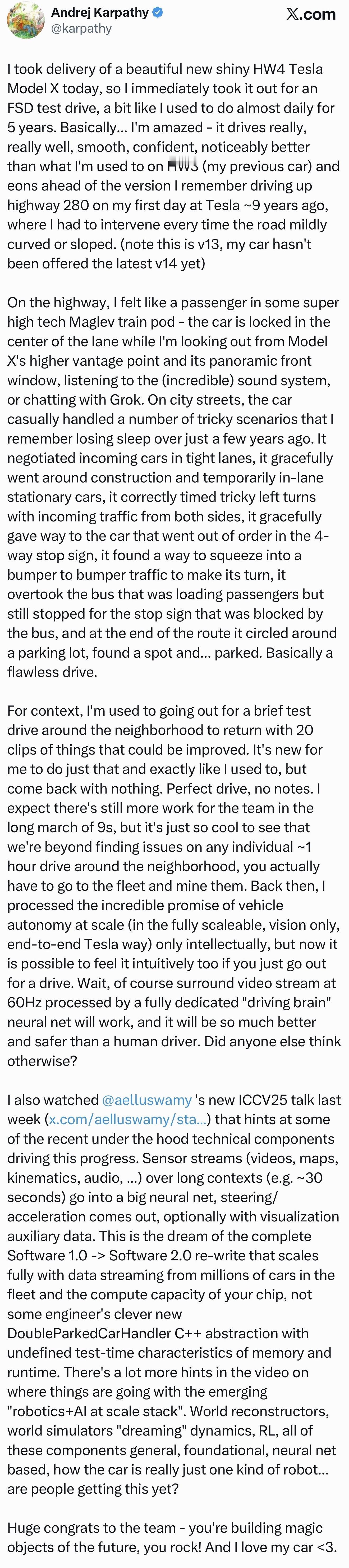 来自“前任”的爱和高度认可，前特斯拉AI总监Andrej Karpathy评价F