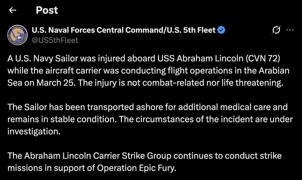 🔻哦？林肯号看到福特号卖惨可以休息，看来也有点想法了啊。🔻美军中央司令部公告
