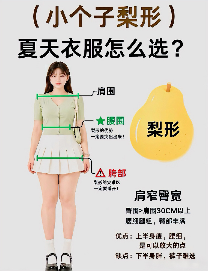 小个子梨形身材夏天穿搭，优先选收腰上衣 + A 字短裙，弱化胯宽更显利落。 