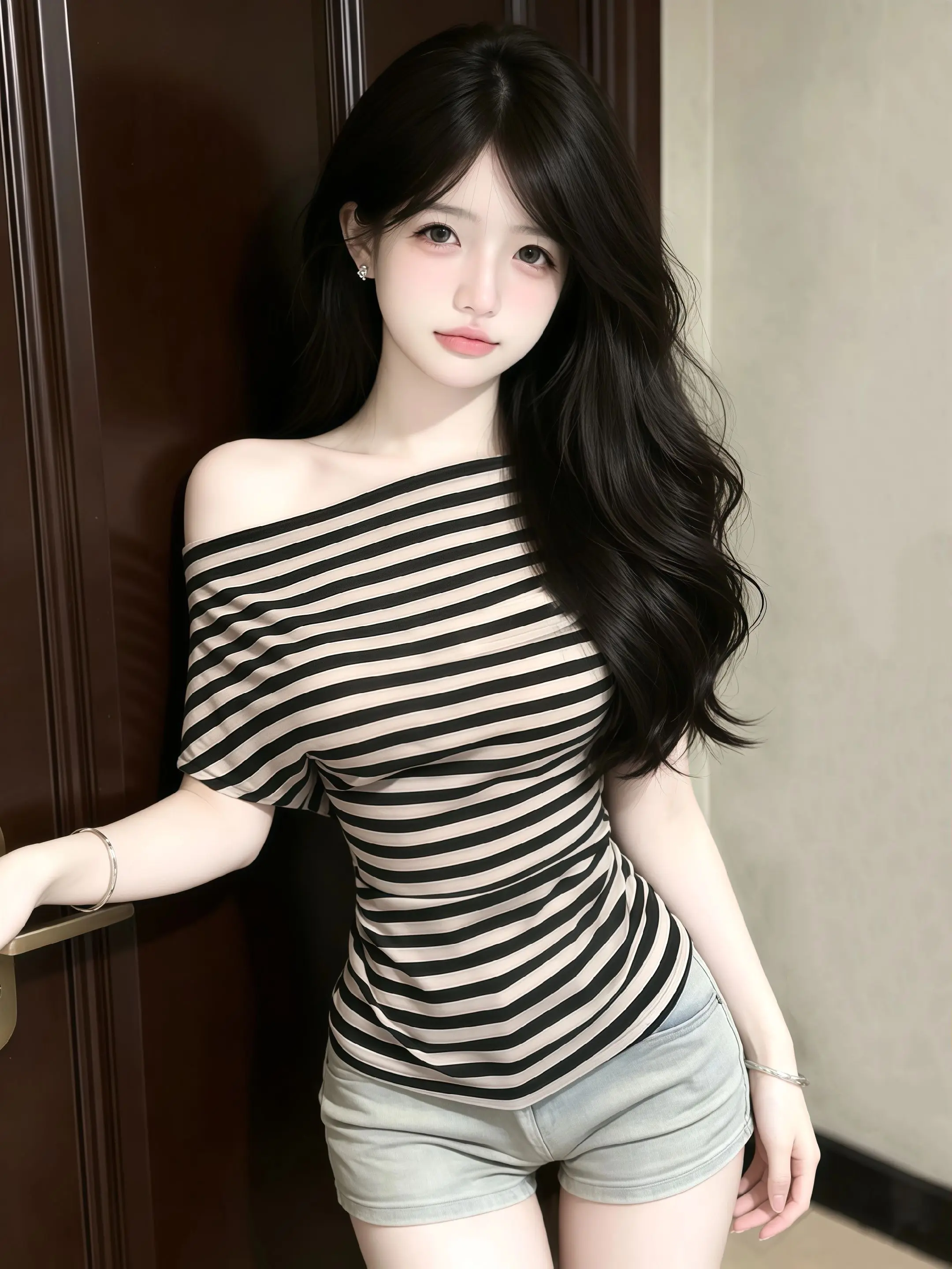 超级美萌的韩系条纹漏肩上衣