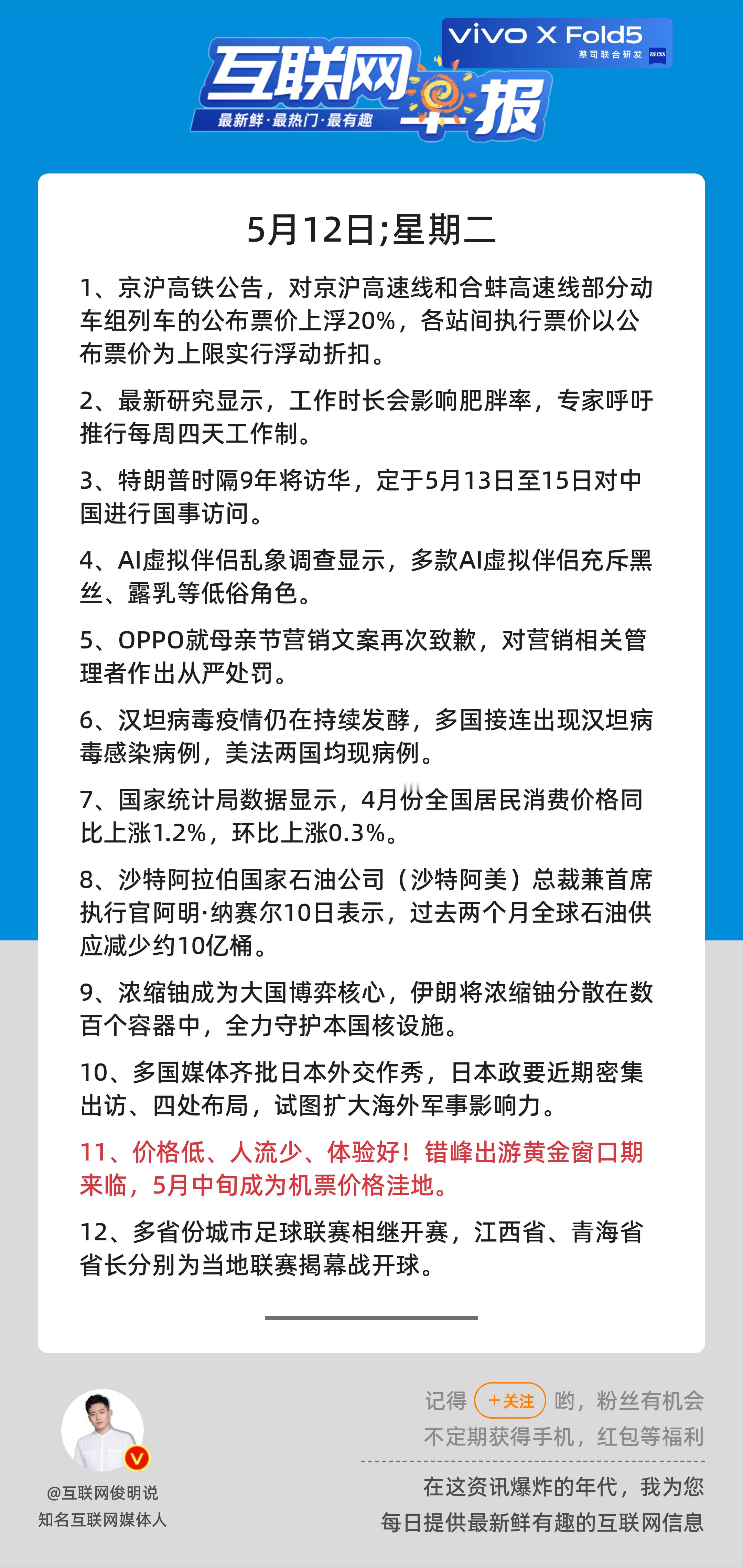 5月12日，星期二，《第3136期》；互联网早报，众览天下事关心第11条：价格低