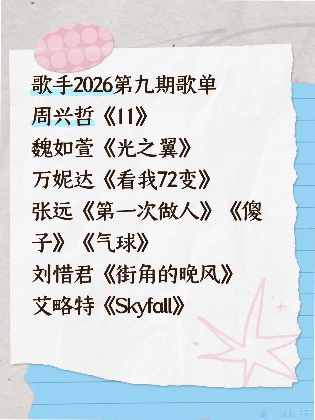 歌手2026第九期歌单🍉周兴哲《11》魏如萱《光之翼》万妮达《看我72变》张远