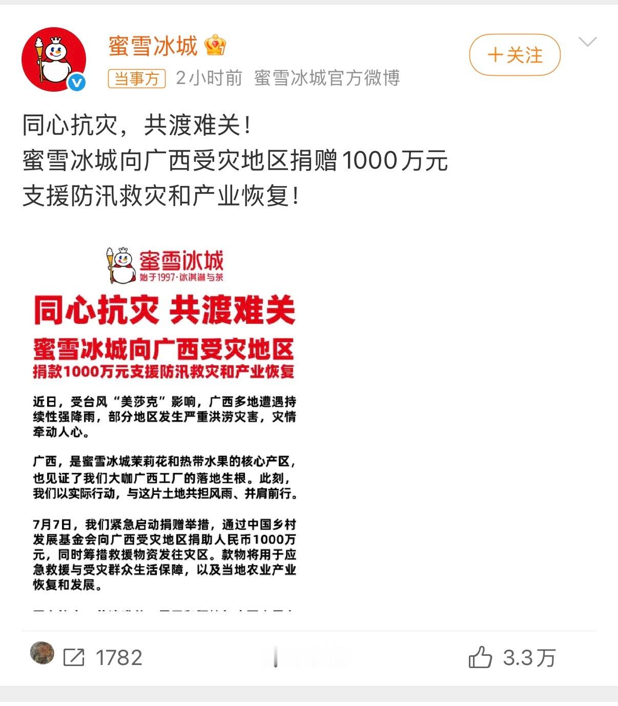 蜜雪冰城捐赠1000万驰援广西蜜雪冰城向广西受灾地区捐赠1000万元！！大赞，回