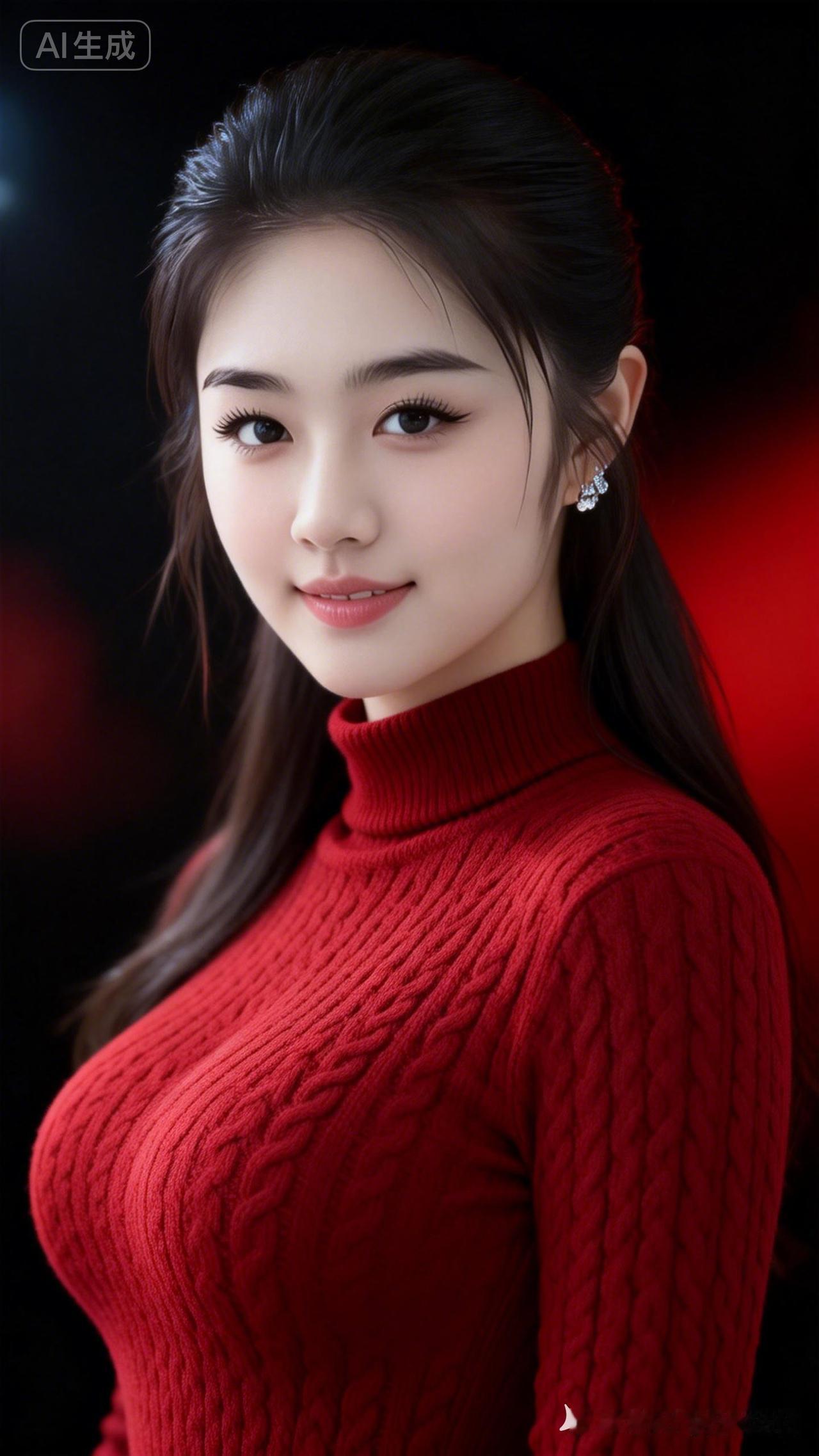 美女着红色粗纹编织高领羊绒衫，肤白紧致，精致长发配钻石耳坠，浅笑甜美，尽显绝色。