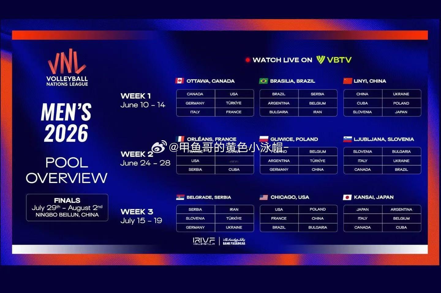伊朗🇮🇷排协透露2026年世界男排联赛分站赛各个举办城市其中一站～第一周6.