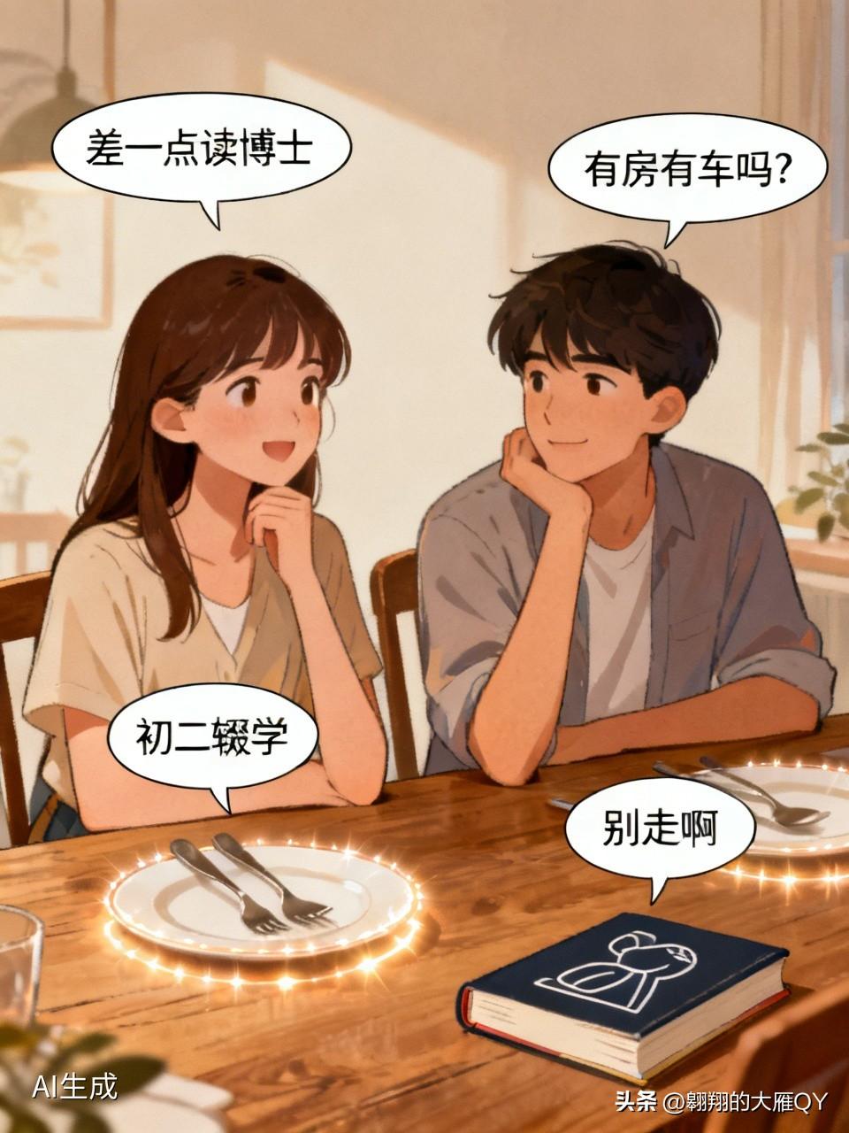 有一对男女去相亲，相约在一家餐馆用餐。闲聊间，姑娘问道：“小伙，你是什么学历呀？