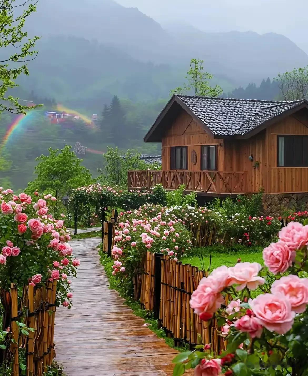 雨歇云散，天际挂起一道绮丽彩虹。走进那座隐匿于山间的小屋，推窗便见烂漫花海。风携