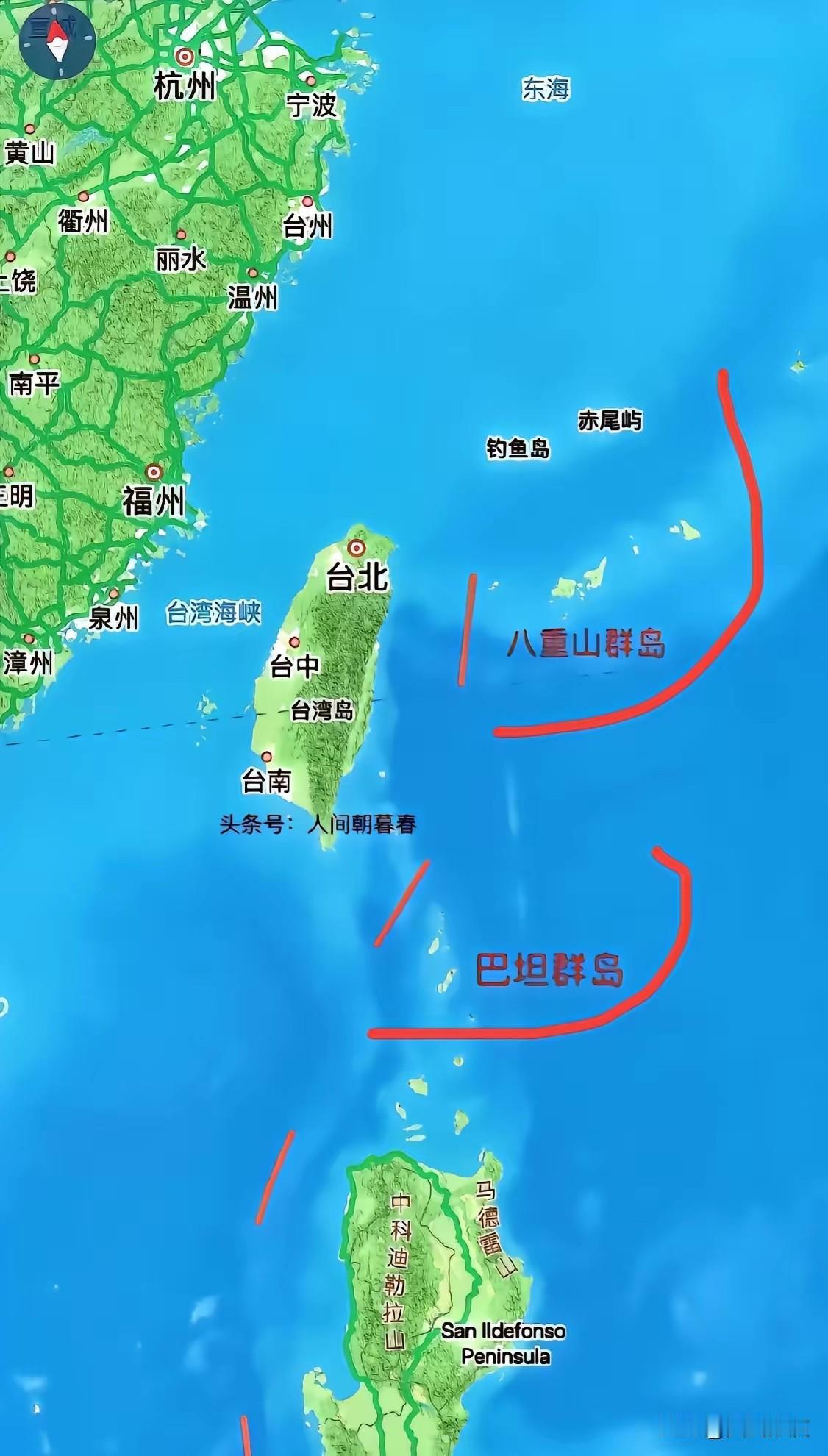 台湾东北的八重山群岛和东南的巴坦群岛，本来都是中国的领土，现在应该拿回来了。可惜