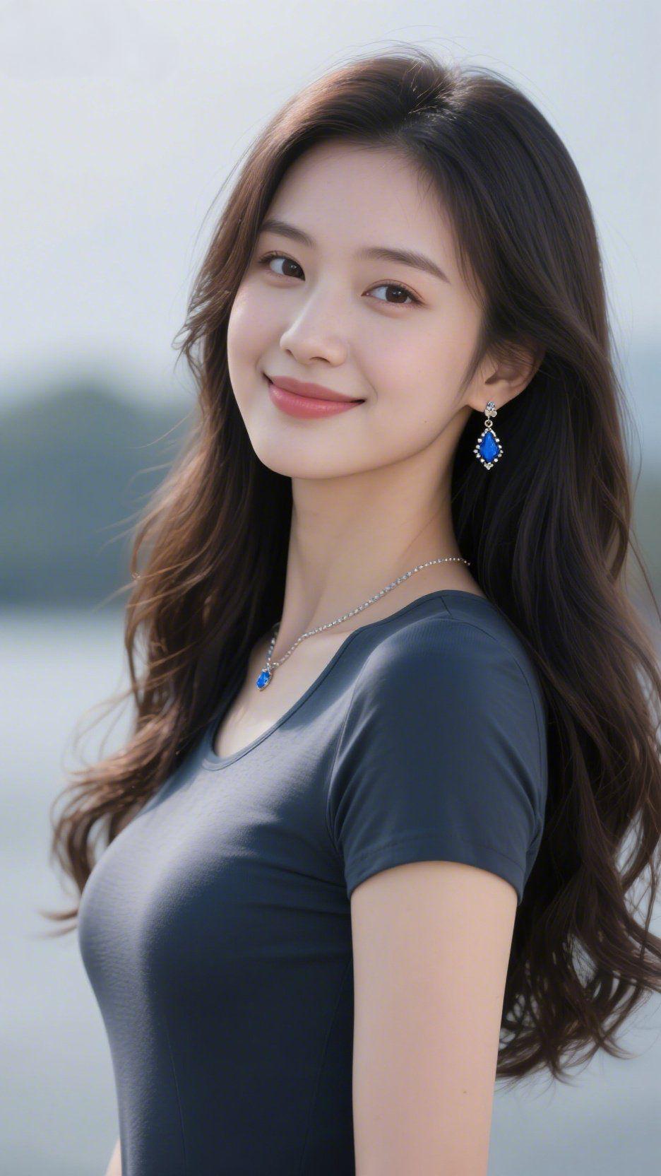 《青空伴蓝晶》
 
风裹着浅柔的水汽掠过肩头，她侧转的身影浸在温软的日光里。深衣