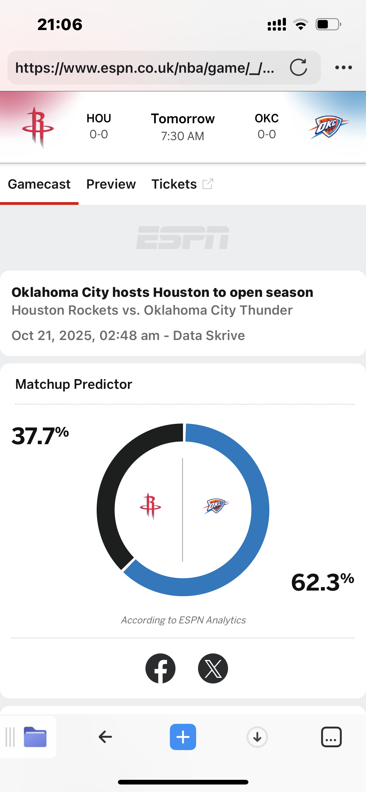 ESPN开出的概率，明天火箭获胜的概率只有37.7%。有没有道理[doge][d