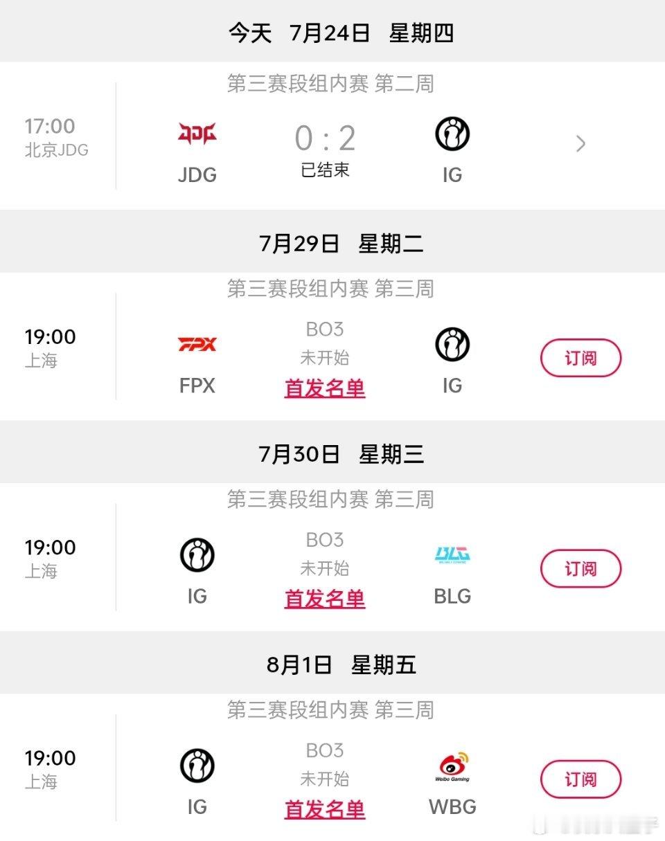 搂了一眼iG赛程，歇个四五天，到29日就四天三赛了，最近Meiko不在队应该也没