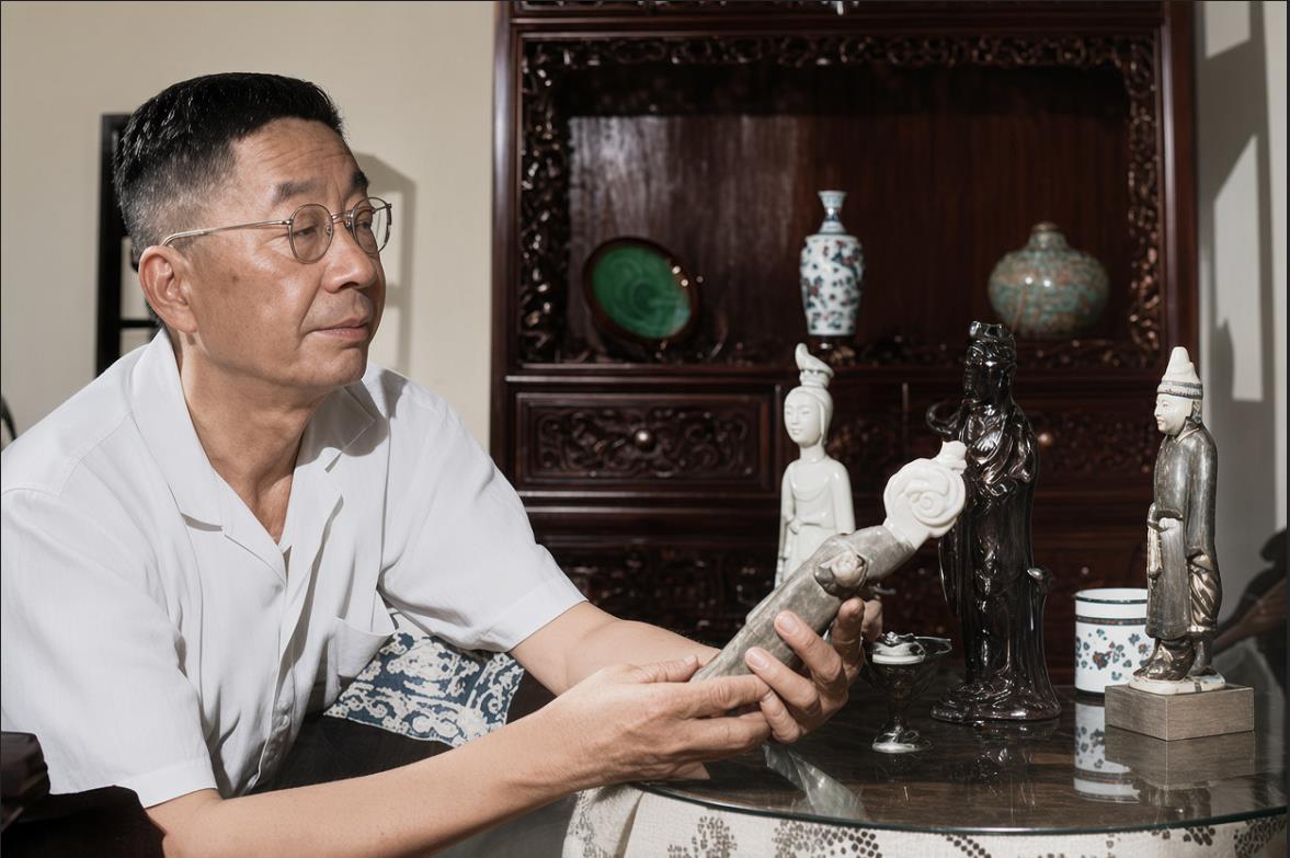 老舍先生在家中赏玩三彩陶俑。在照片中，老舍先生身着夏装，戴着圆框眼镜，正双手捧着