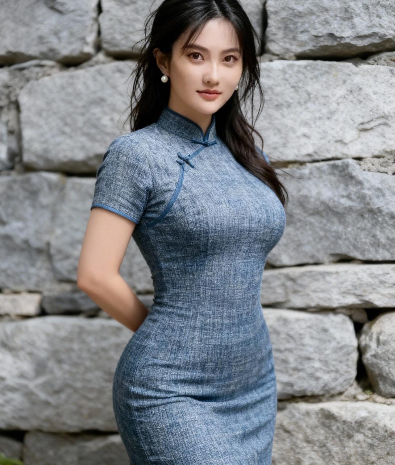 蓝色旗袍与石墙呼应，是古典与现代的优雅碰撞