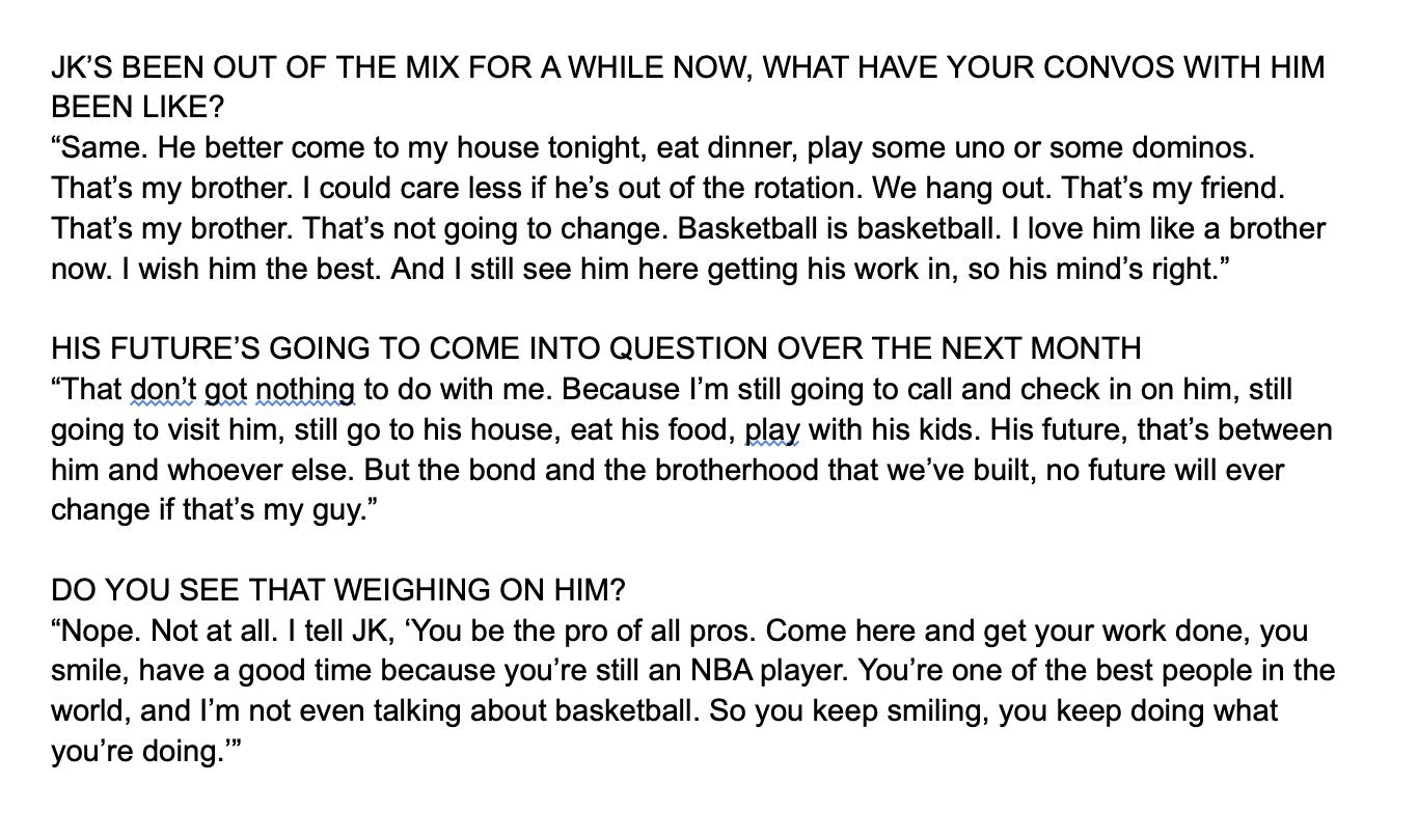 本赛季，巴特勒一直很重视库明加的培养。“还是一样。他最好今晚来我家，我们一起吃晚