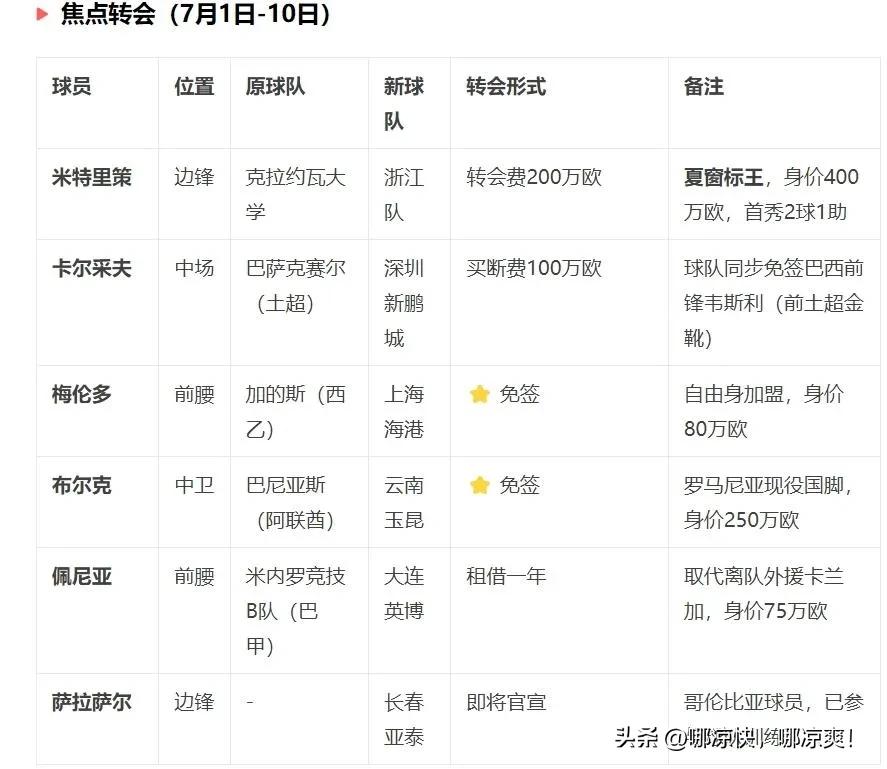 中超夏窗焦点转会一览！
 浙江队200万欧元新援或成标王身价高达400万欧，首秀