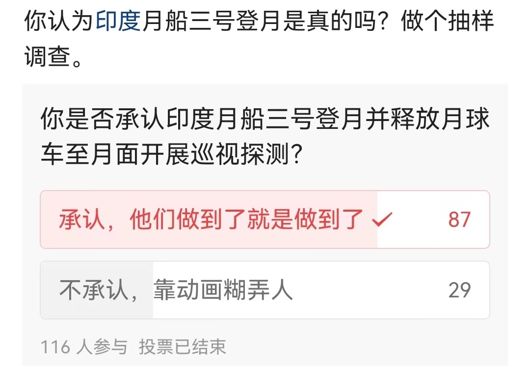 对于印度月船三号成功登月这一客观事实，我们大多数群众还是不失航天强国身份的理性与