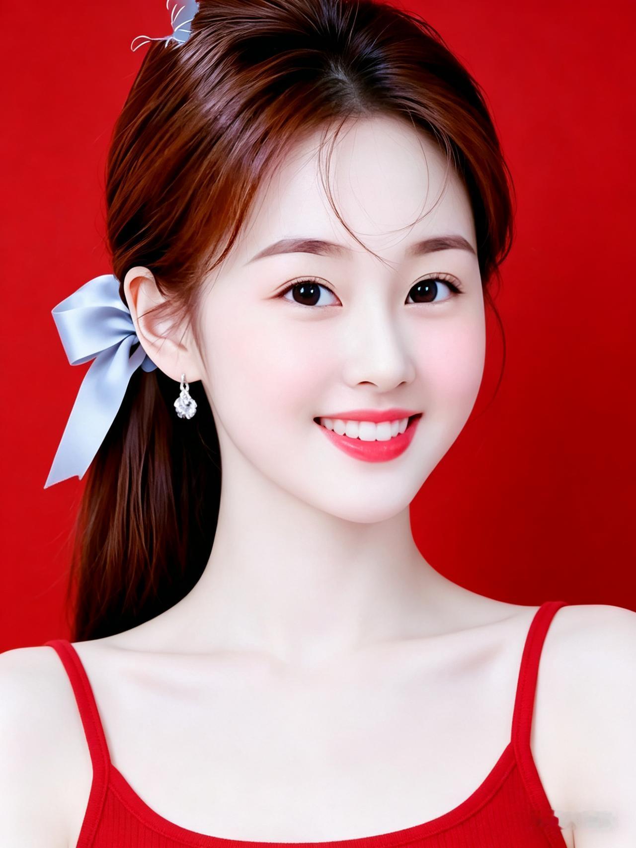 美女正面观众，前额自然碎发，后脑束起马尾辫，着红色吊带背心，肌肤极致白嫩，红底背