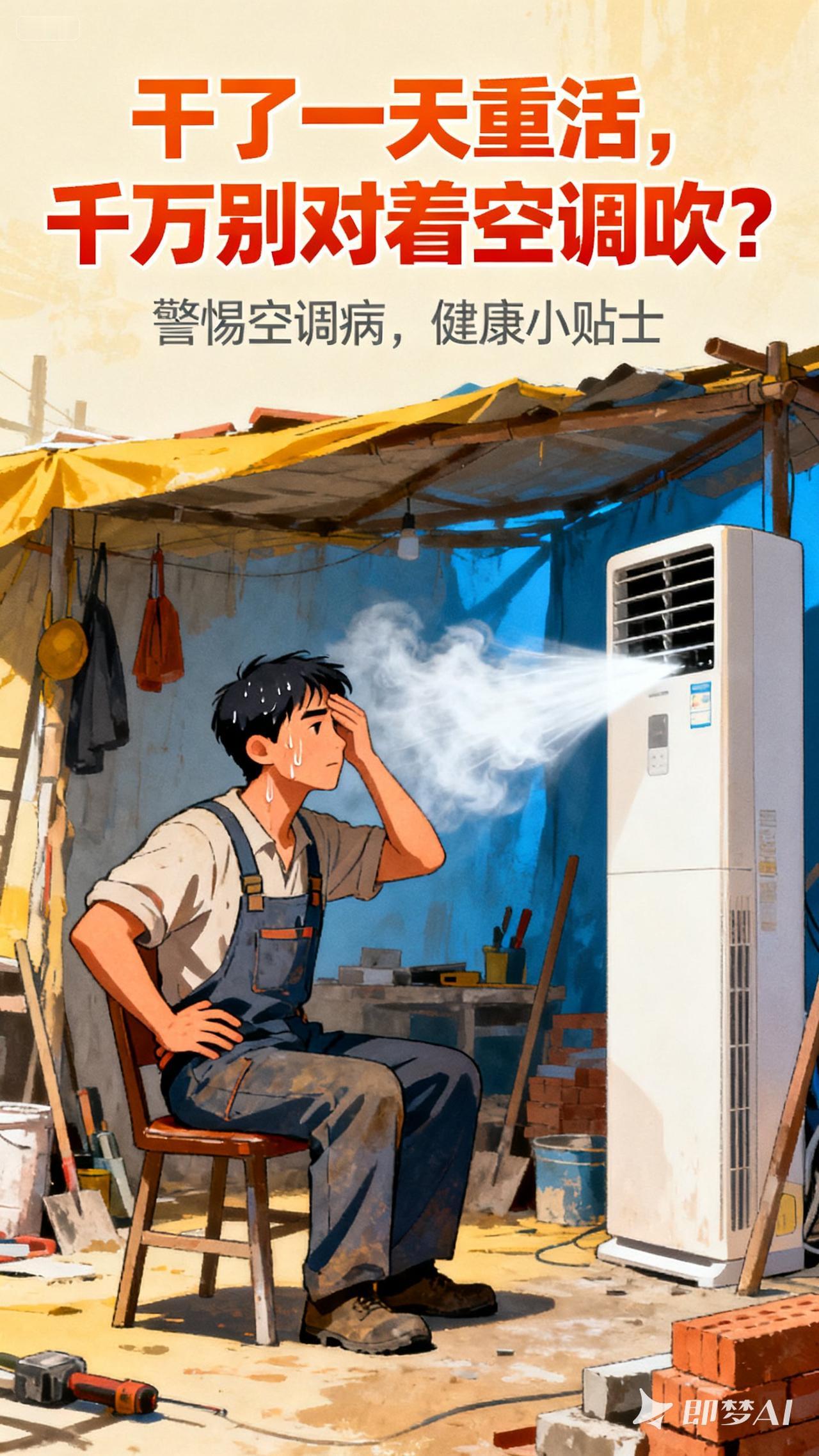 干了一天的重活，
回家后千万不要对着空调吹
容易把嘴巴吹歪
成了面瘫
一男子称：