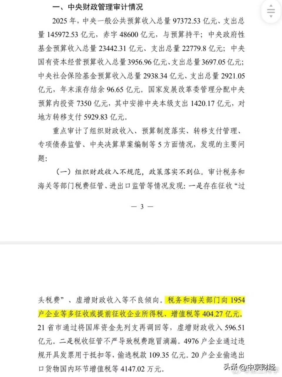 审计报告: 税务和海关部门向1954户企业多征收或提前征收企业所得税、增值税等4