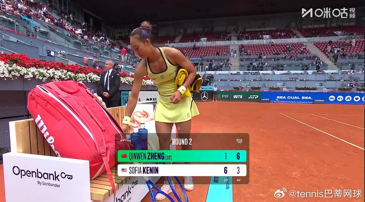 郑钦文6:3扳回一盘，决胜盘咯郑钦文第二盘有了更多的旋转加持，肯宁顿感吃力；决胜