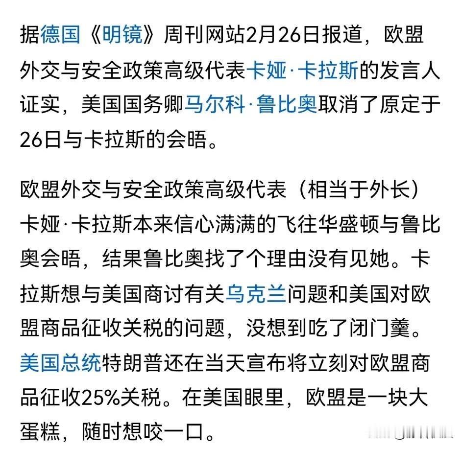 卡拉斯在美国吃闭门羹，说明了什么？
卡拉斯作为欧盟负责外交事务的掌门人，兴致勃勃