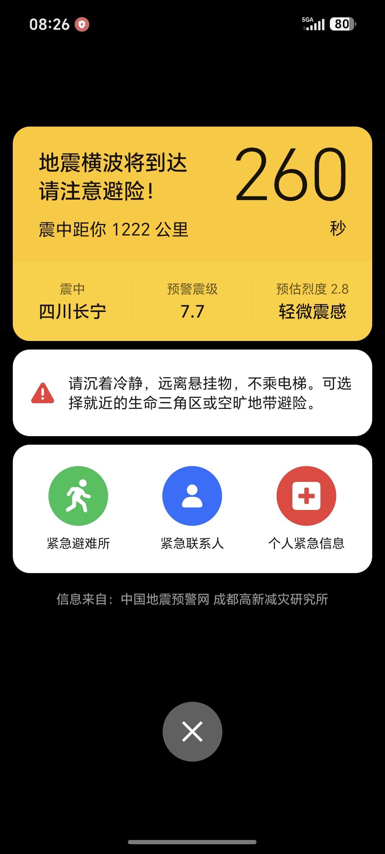 正吃早餐，手机响起来了，看到预报7.7级，和唐山大地震差不多，想着又是一个大地震