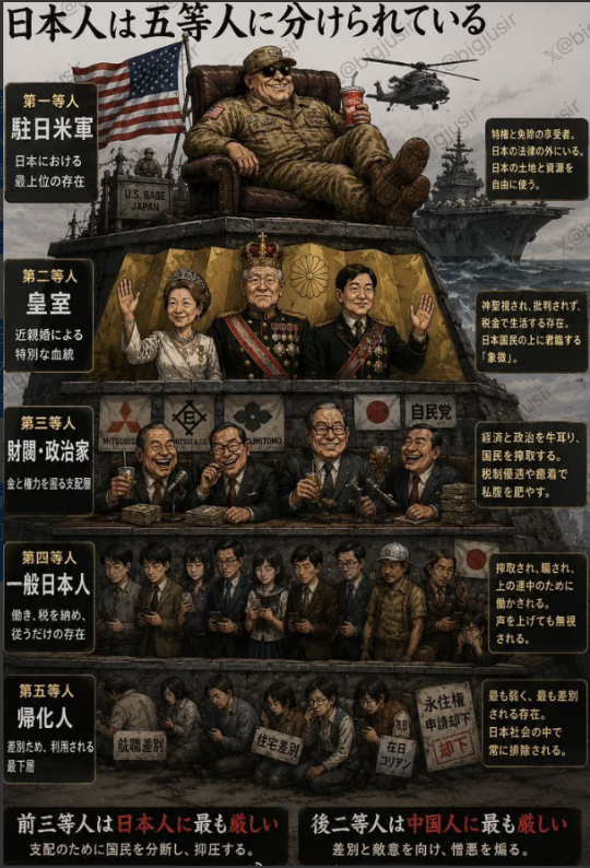 日本流传一张各阶层地位图，美军第一皇室第二，归化的华裔处于底层！近期日本社交媒体