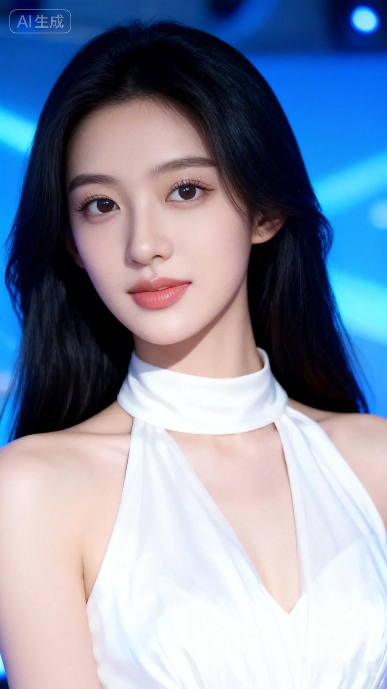 温柔甜美的白裙少女，梦幻的蓝色背景，尽显优雅气质。