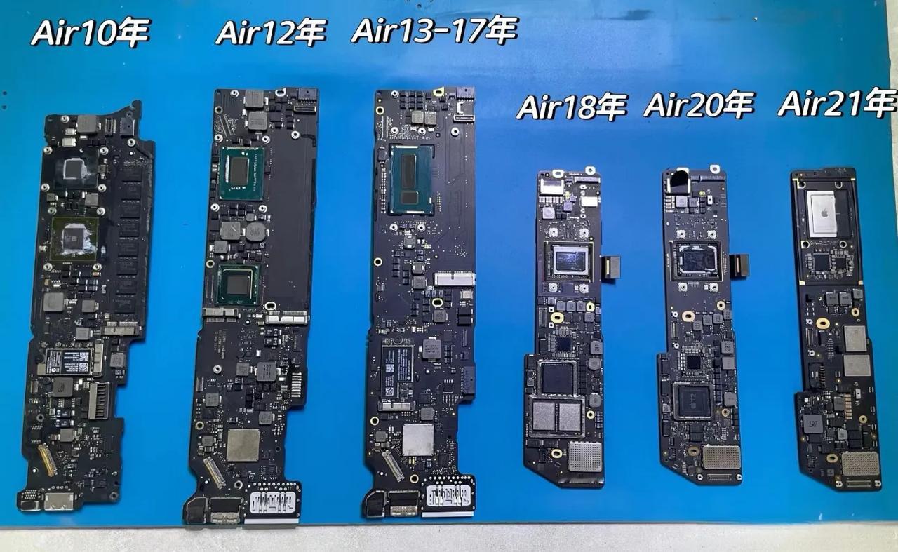 苹果是懂搞集成的啊！苹果MacBook  Air 历代主板芯片对比，可以看出主板